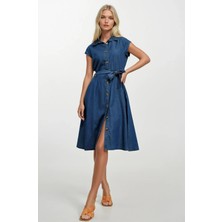 Hazelin Kadın Denim Kısa Kollu Boydan Düğmeli Beli Kuşaklı Kot Gömlek Elbise HZL22S-BD121761