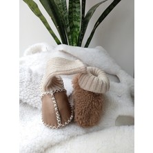 Bebek Unisex Organik Kuzu Derisi Ilk Adım Ayakkabısı Çoraplı Panduf Patik Taba