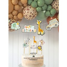 Partince 3 Parça Happy Birthday Safari Tema Pasta Süsü Banner ve 6 Adet Gold Mum Doğum Günü Süsleme Parti Süsleme Seti