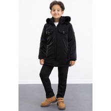Siyah Çıtçıtlı Göğüs Cepli Içi Kürklü Erkek Çocuk Kapüşonlu Mont 21349