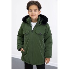 Haki Çıtçıtlı Göğüs Cepli Içi Kürklü Erkek Çocuk Kapüşonlu Mont 21348