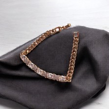 Oval ve Çiçek Taşlı Zincirli Klipsli Çelik Bileklik