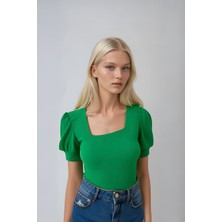 Kadın Yeşil Kare Yaka Örme Bluz HZL22W-BD104091