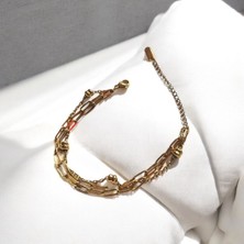 Üçlü Zincirli Gold Figürlü Çelik Bileklik