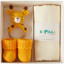 Amigurumi Yenidoğan Bebek Hediye Seti - Minik Zürafa Diş Kaşıyıcı, Patik ve Müslin