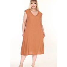 Kadın Büyük Beden Yaka Örgü Detay Omuz Büzgü Detay %100 Pamuk V Yaka Kolsuz Elbise