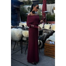Kadın Bordo Uzun Triko Madonna Yaka Elbise