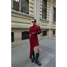 Kadın Bordo Fitilli Akrilik Uzun Elbise