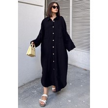 Kadın Siyah Muslin Kumaş, Yarasa Kol, Eteği Oval, Çift Cepli, Uzun Oversize Salaş Gömlek Elbise