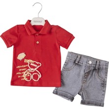 Nakışlı Pike Tshırt Kot Şort Takım Kırmızı