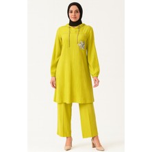 2045 Kapişonlu Kol Ucu Lastikli Göğsü Çiçek Detaylı Pantolonun Beli Lastikli Spor Ikili Takım #04-25#