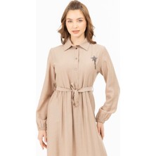 2123 Önü Yarım Düğmeli Kol Ucu Lastikli Beli Kemerli Yıldız Armalı Elbise #03-25#