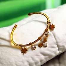 Gold Arı ve Çiçek Detaylı Şık Taşlı Kadın Çelik Kelepçe