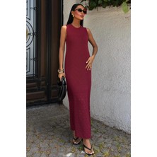 Kadın Bordo Kolsuz Örme Maxi Elbise