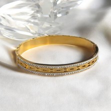 Gold Sıralı Taşlı Zincir Detaylı Kadın Çelik Kelepçe