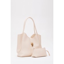 Krem SHK126 Suni Deri Kilit Detaylı Makyaj Çantalı El,kol ve Omuz Çantası