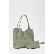 Mint Yeşil SHK126 Suni Deri Kilit Detaylı Makyaj Çantalı El,kol ve Omuz Çantası