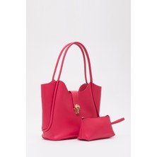 Fuşya SHK126 Suni Deri Kilit Detaylı Makyaj Çantalı El,kol ve Omuz Çantası