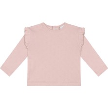 Antebies Organik Pembe Kalp Jakarlı Fırfırlı Uzun Kollu Kız Bebek Tshirt