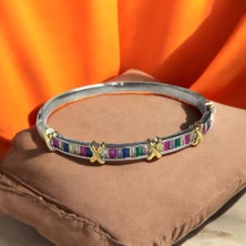 Renkli Taşlı Gold x Detaylı Zarif Kadın Çelik Kelepçe