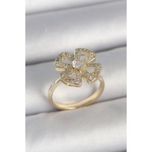 Pirinç Gold Renk Zirkon Taşlı Yonca Model Ayarlanabilir Kadın Yüzük