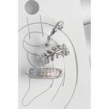 Pirinç Gümüş Renk Zirkon Taşlı 3'lü Model Yaprak Figür Kadın Kıkırdak Küpe