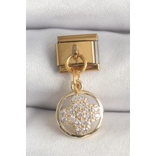 316L Çelik Gold Renk Sallantı Zirkon Taşlı Yonca Model Nomination Charm