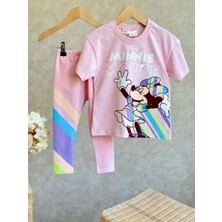 Kız Çocuk Disney Minnie Mouse Baskılı Pamuklu Esnek Kumaş Beli Lastikli Taytlı Ikili Takım
