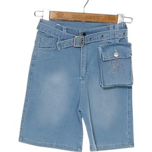 Babexi Taşlı Kız Kot Şort Mavi