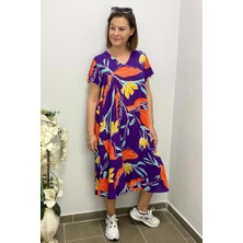 Kadın Mor Turuncu Çicek Desenli Elbise