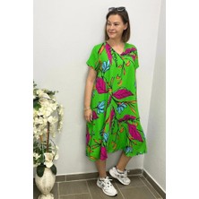 Kadın Yeşil  Pembe Yaprak Desenli Elbise