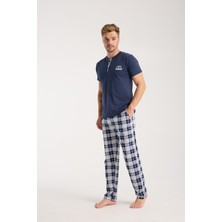 Akbeniz Erkek Lacivert Düğmeli Yaka Kısa Kol Pijama Takımı