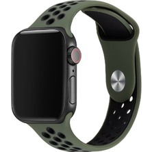 Mobicas Apple Watch 7 (41MM) Uyumlu Delikli Silikon Kordon-02 Koyu Yeşil-Siyah
