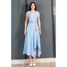 Asimetrik Kesim Kare Yaka Ip Kuşak Detaylı Elbise 50323