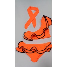 3 Parça Kız Çocuk Bandanalı Fırfırlı Bikini Mayo