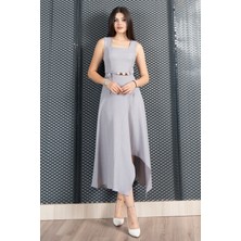 Asimetrik Kesim Kare Yaka Ip Kuşak Detaylı Elbise 50323