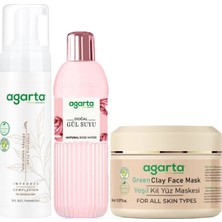 Agarta Doğal Yüz Temizleme Köpüğü - Gül Suyu - Yeşil Kil Yüz Maskesi Karma (3 Lü Set) Bakım Paketi
