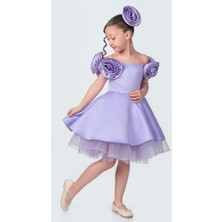 Babyaden Gül Detaylı Tokalı Kayık Yaka Saten Kabarık Abiye Doğum Günü Parti Kostüm Kız Çocuk Elbise