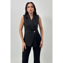 Pilise Detaylı Asimetrik Yaka Kolsuz Ceket Bluz - Siyah/beyaz Şık Kadın Bluz 033Y