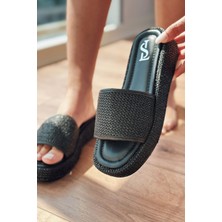 Gelans Hasır Kalın Taban Kadın Terlik Siyah