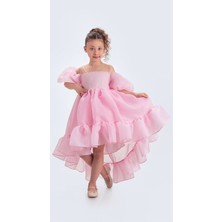 Babyaden Kuyruklu Karolin Kumaş Düşük Balon Kollu Doğum Günü Abiye Kostüm Kız Çocuk Elbise