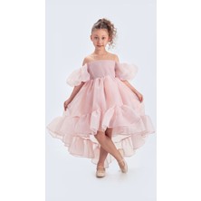 Babyaden Kuyruklu Karolin Kumaş Düşük Balon Kollu Doğum Günü Abiye Kostüm Kız Çocuk Elbise