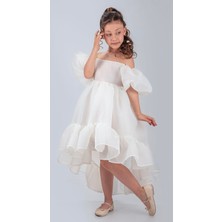 Babyaden Kuyruklu Karolin Kumaş Düşük Balon Kollu Doğum Günü Abiye Kostüm Kız Çocuk Elbise