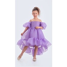 Babyaden Kuyruklu Karolin Kumaş Düşük Balon Kollu Doğum Günü Abiye Kostüm Kız Çocuk Elbise