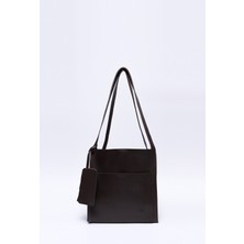 Kahve Rengi SHK123 Suni Deri, Çıtçıtlı, Iki Bölmeli, Cüzdanlı, Makyaj Çantalı, Askılı, El, Kol ve Omuz Çantası