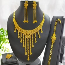 Altın Kaplama 4 Parça Şık Kadınlar Için Buğday Yaprağı Püskül Kolye Uzun Küpe Bilezik Yüzük Seti