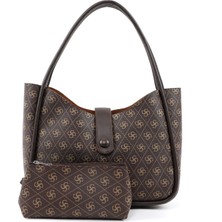 Monogram Baskılı Kahverengi SHK79 Deri Düğme Detaylı Çıtçıtlı Makyaj Çantalı Kol ve Omuz Çantası