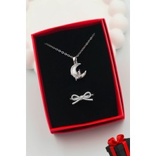 316L Çelik Ay Kadın Kolye ve Ayarlanabilir Fiyonk Yüzük Set (Kutulu)