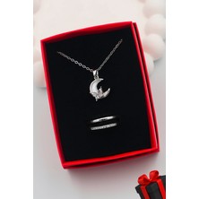 316L Çelik Ay Kadın Kolye ve Ayarlanabilir Taşlı Yüzük Set (Kutulu)