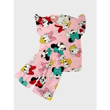 Kız Çocuk Pamuklu Pembe Kısa Kollu Kolları Fırfırlı Şortlu Yazlık Pijama Takımı